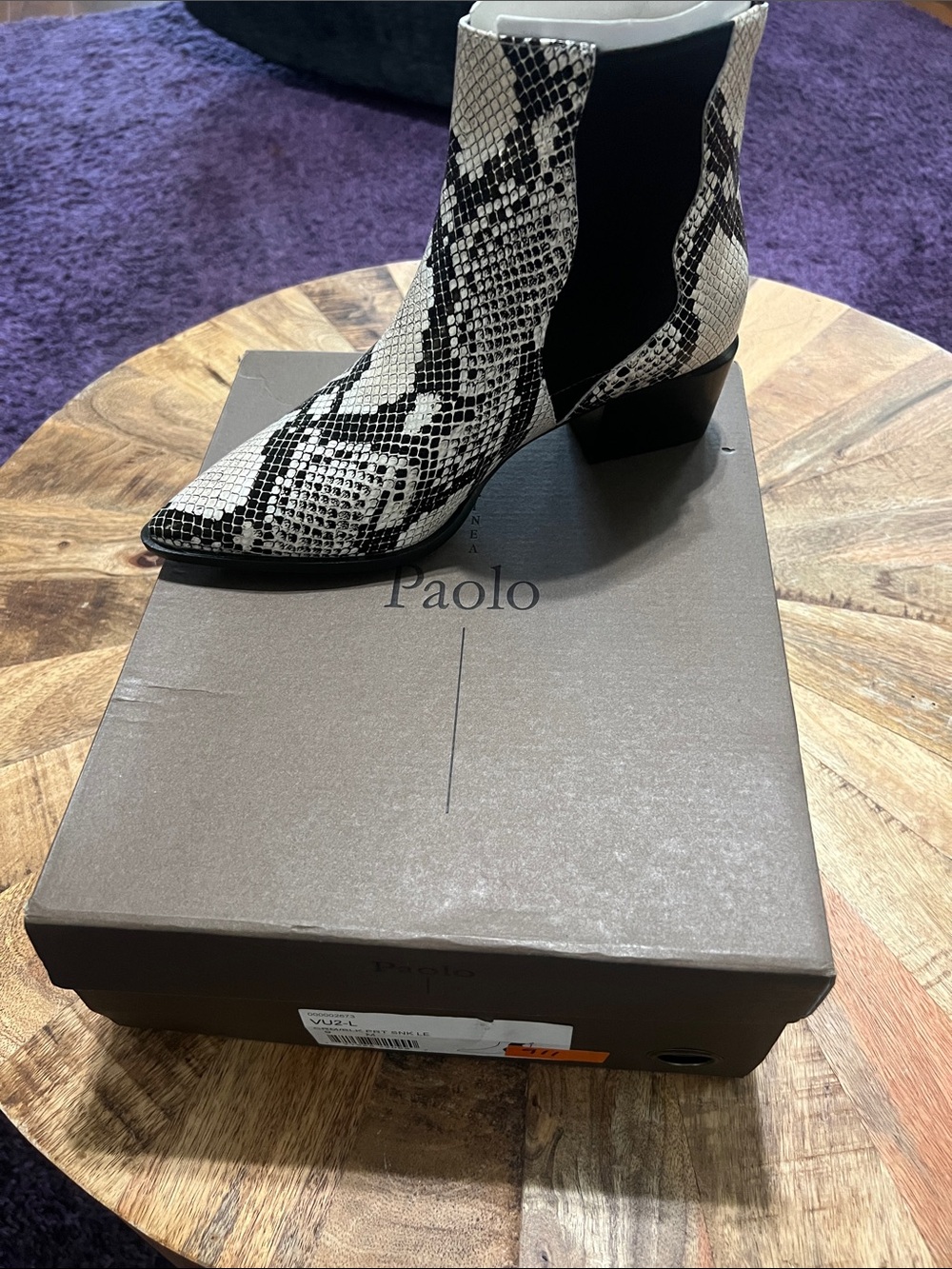 Paolo Black & Cream Snake-Print Pointed Ankle Boots